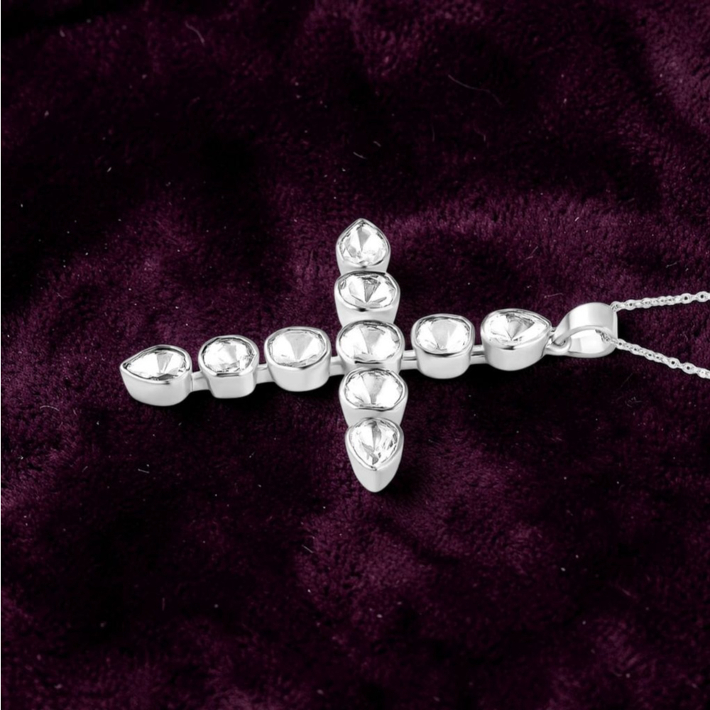 Polki Moissanite 2.75 ctw Cross Pendant Necklace 20 Inch - Picture 4 of 6